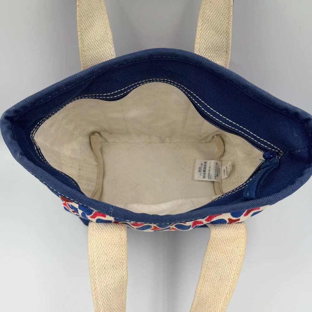 Lands End Canvas Tote Bag Small Zip Top Blue Red Geometric Polka Dot Preppy - Picture 5 of 8
